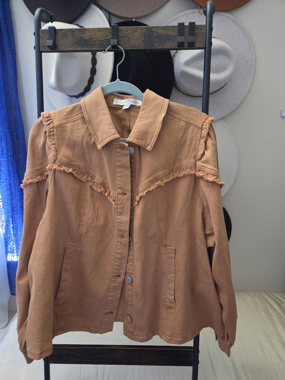 Cato Frayed Trim Jean Jacket in Rust